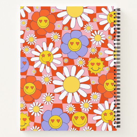 Groovy Daisy Floral Checkerboard, Y2K 90s Notitieboek (Achterkant)