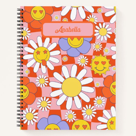 Groovy Daisy Floral Checkerboard, Y2K 90s Notitieboek (Voorkant)
