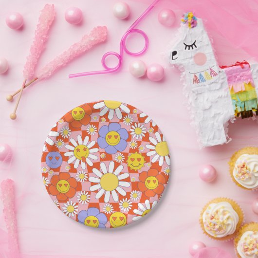 Groovy Daisy Floral Checkerboard, Y2K 90s Papieren Bordje (Feest)