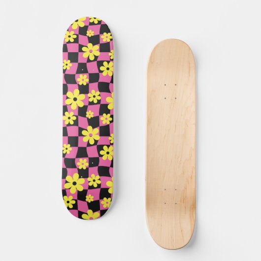 Groovy Daisy Floral Checkerboard, Y2K 90s Persoonlijk Skateboard (Voorkant)