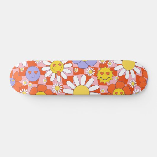 Groovy Daisy Floral Checkerboard, Y2K 90s Persoonlijk Skateboard (Horizontaal)