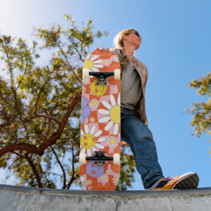 Groovy Daisy Floral Checkerboard, Y2K 90s Persoonlijk Skateboard