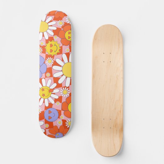 Groovy Daisy Floral Checkerboard, Y2K 90s Persoonlijk Skateboard (Voorkant)