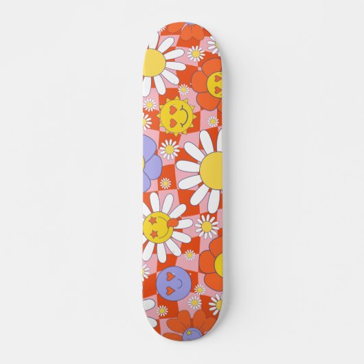 Groovy Daisy Floral Checkerboard, Y2K 90s Persoonlijk Skateboard (Voorkant)