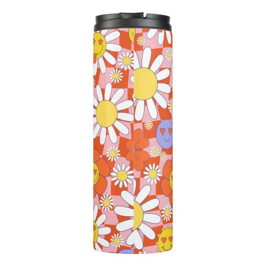Groovy Daisy Floral Checkerboard, Y2K 90s Thermosbeker (Achterkant)