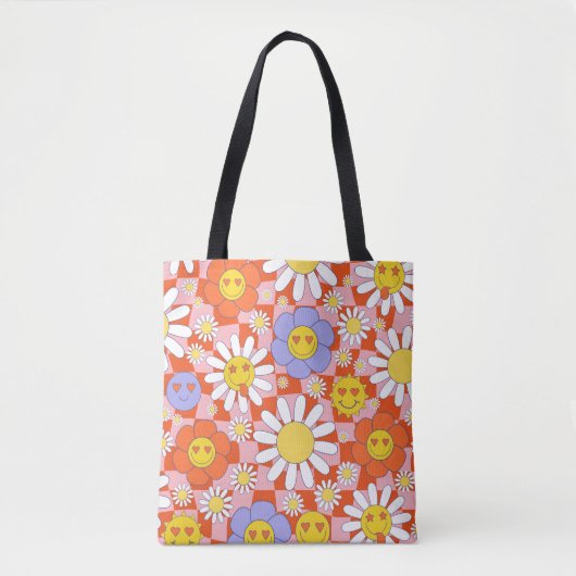 Groovy Daisy Floral Checkerboard, Y2K 90s Tote Bag (Voorkant)