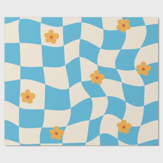 Groovy Daisy Floral Checkerboard, Y2K 90s Wrappin Cadeaupapier (Vlak)