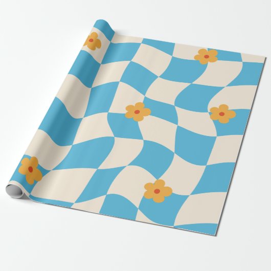 Groovy Daisy Floral Checkerboard, Y2K 90s Wrappin Cadeaupapier (Uitgerold)