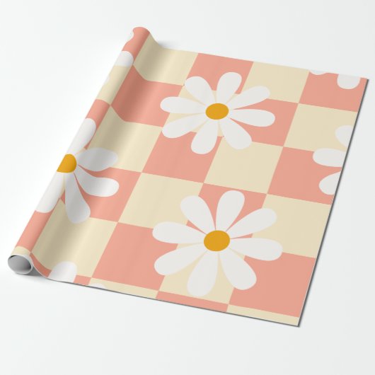Groovy Daisy Floral Checkerboard, Y2K 90s Wrappin Cadeaupapier (Uitgerold)