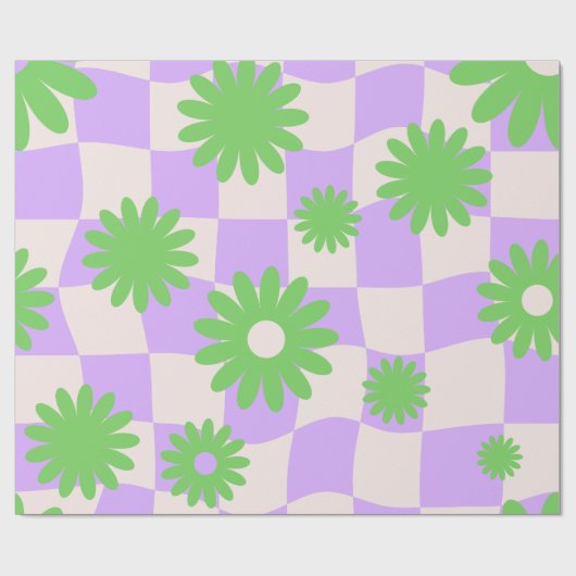Groovy Daisy Floral Checkerboard, Y2K 90s Wrappin Cadeaupapier (Vlak)