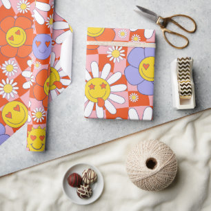 Groovy Daisy Floral Checkerboard, Y2K 90s Wrappin Cadeaupapier