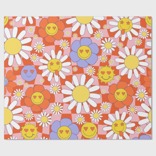 Groovy Daisy Floral Checkerboard, Y2K 90s Wrappin Cadeaupapier (Vlak)