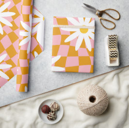 Groovy Daisy Floral Checkerboard, Y2K 90s Wrappin Cadeaupapier