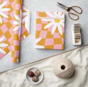Groovy Daisy Floral Checkerboard, Y2K 90s Wrappin Cadeaupapier