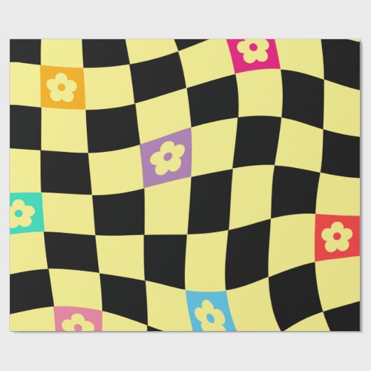 Groovy Daisy Floral Checkerboard, Y2K 90s Wrappin Cadeaupapier (Vlak)