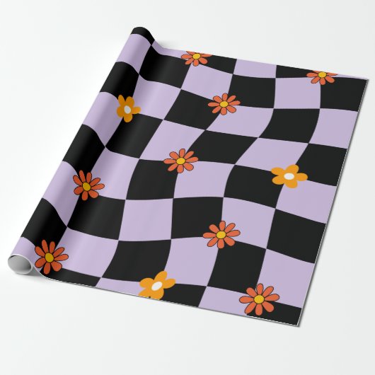 Groovy Daisy Floral Checkerboard, Y2K 90s Wrappin Cadeaupapier (Uitgerold)