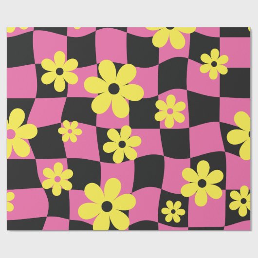 Groovy Daisy Floral Checkerboard, Y2K 90s Wrappin Cadeaupapier (Vlak)