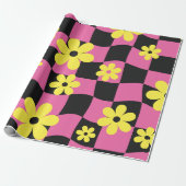 Groovy Daisy Floral Checkerboard, Y2K 90s Wrappin Cadeaupapier (Uitgerold)