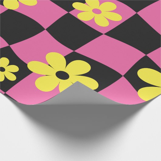 Groovy Daisy Floral Checkerboard, Y2K 90s Wrappin Cadeaupapier (Hoek)
