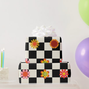 Groovy Daisy Floral Checkerboard, Y2K Cadeaupapier