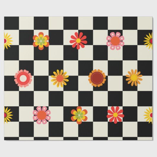 Groovy Daisy Floral Checkerboard, Y2K Cadeaupapier (Vlak)
