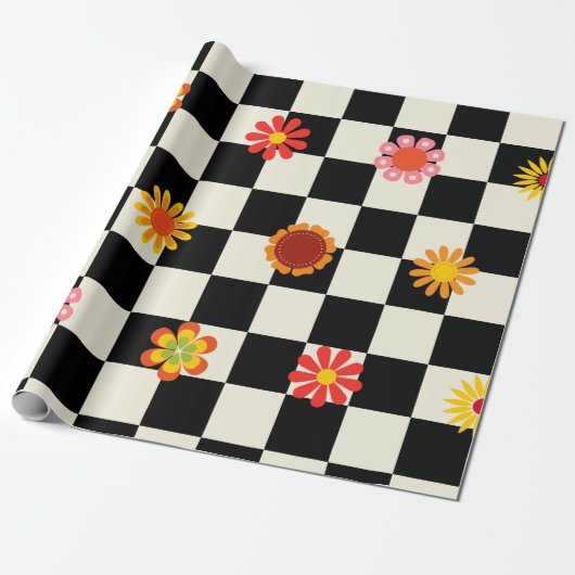 Groovy Daisy Floral Checkerboard, Y2K Cadeaupapier (Uitgerold)