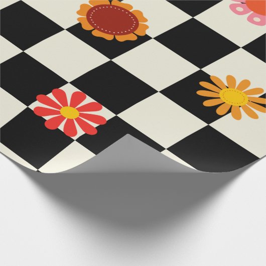 Groovy Daisy Floral Checkerboard, Y2K Cadeaupapier (Hoek)