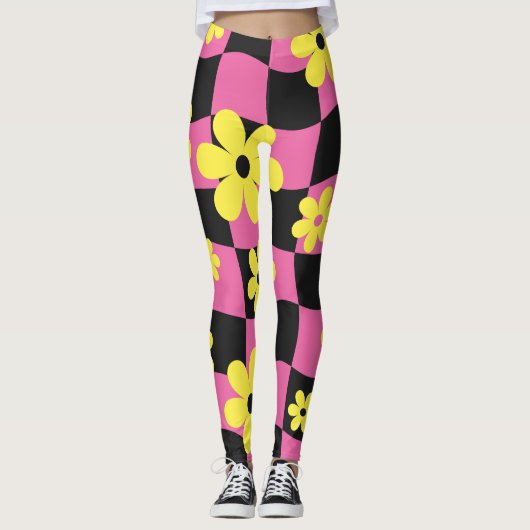 Groovy Daisy Floral Heart Checkerboard, Y2K 90s Leggings (Voorkant)