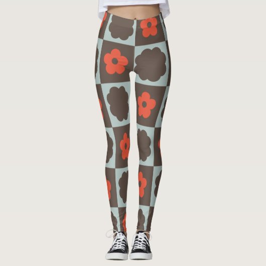 Groovy Daisy Floral Heart Checkerboard, Y2K 90s Leggings (Voorkant)