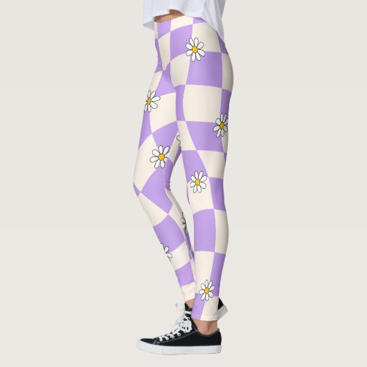 Groovy Daisy Floral Heart Checkerboard, Y2K 90s Leggings (Links)