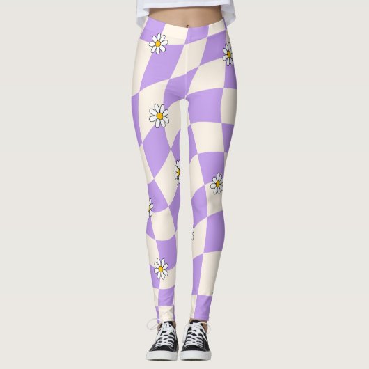 Groovy Daisy Floral Heart Checkerboard, Y2K 90s Leggings (Voorkant)