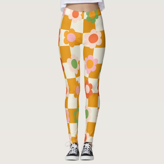 Groovy Daisy Floral Heart Checkerboard, Y2K 90s Leggings (Voorkant)