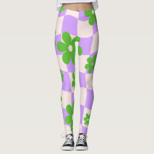 Groovy Daisy Floral Heart Checkerboard, Y2K 90s Leggings