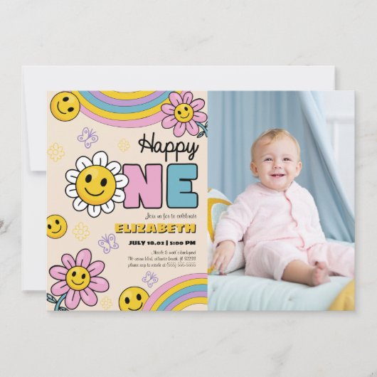 Groovy Daisy Flower Eerste Verjaardag Retro Foto Kaart (Voorkant)