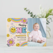 Groovy Daisy Flower Eerste Verjaardag Retro Foto Kaart (Staand voorkant)