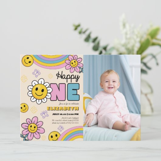 Groovy Daisy Flower Eerste Verjaardag Retro Foto Kaart (Staand voorkant)