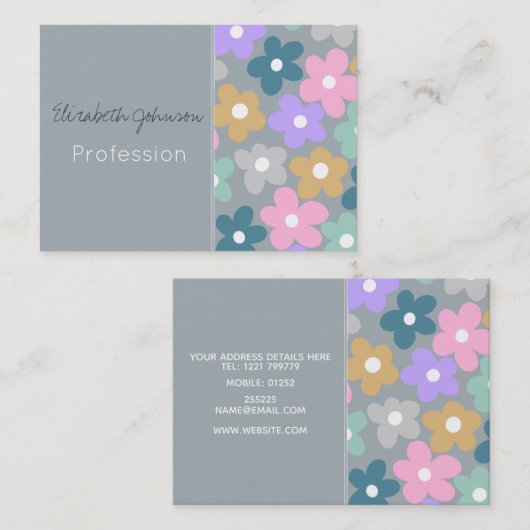 Groovy Daisy Flowers Grey Retro Boho Floral Visitekaartje (Voorkant / Achterkant)