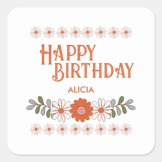 Groovy Daisy Hippie Flora Leaf Gelukkige Verjaarda Vierkante Sticker (Voorkant)