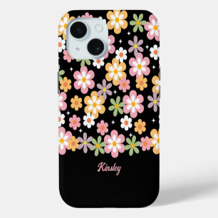 Groovy Daisy-patroon met naam Zwart iPhone 15 Case