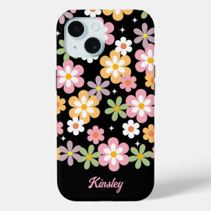 Groovy Daisy Pattern w / Naam Zwart iPhone 15 Case