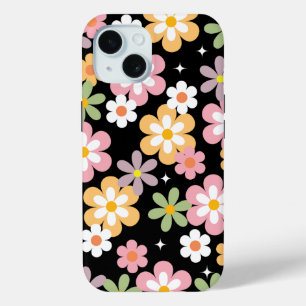 Groovy Daisy Pattern Zwart iPhone 15 Case