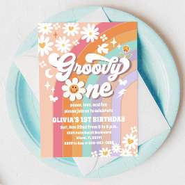 Groovy Daisy Rainbow 1e verjaardagsuitnodiging Kaart