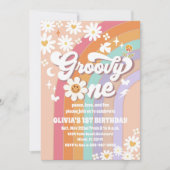 Groovy Daisy Rainbow 1st Birthday Invitation Kaart (Voorkant)