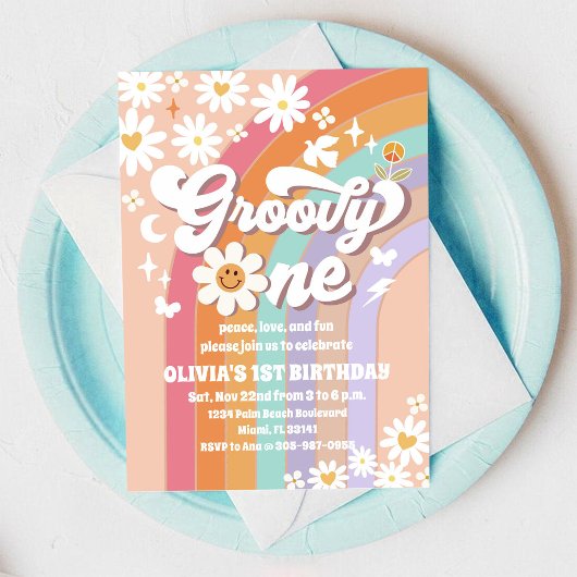 Groovy Daisy Rainbow 1st Birthday Invitation Kaart