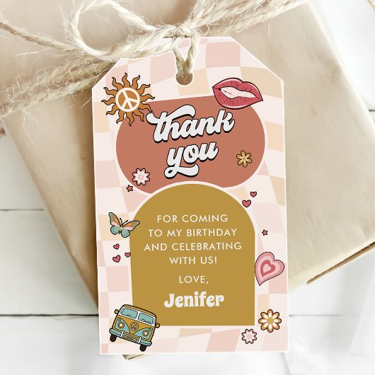 Groovy Daisy Retro 1e verjaardagsfeestje Cadeaulabel