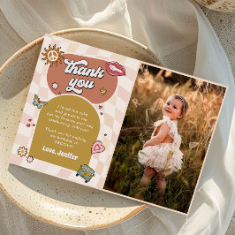 Groovy Daisy Retro 1e verjaardagsfeestje Foto Bedankkaart