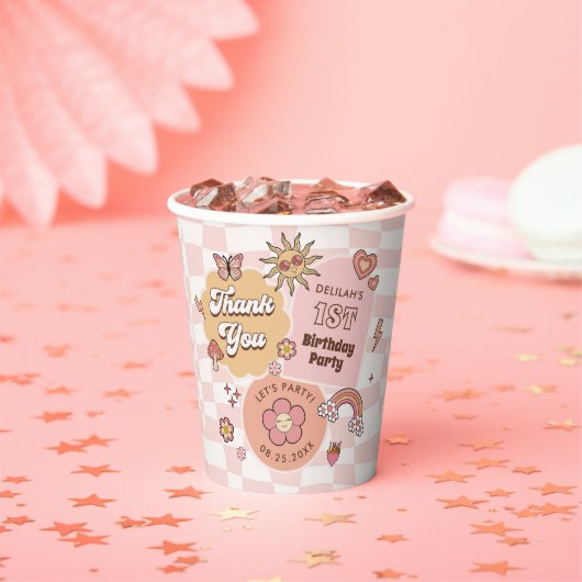 Groovy Daisy Retro 1e verjaardagsfeestje Papieren Bekers (Insitu)