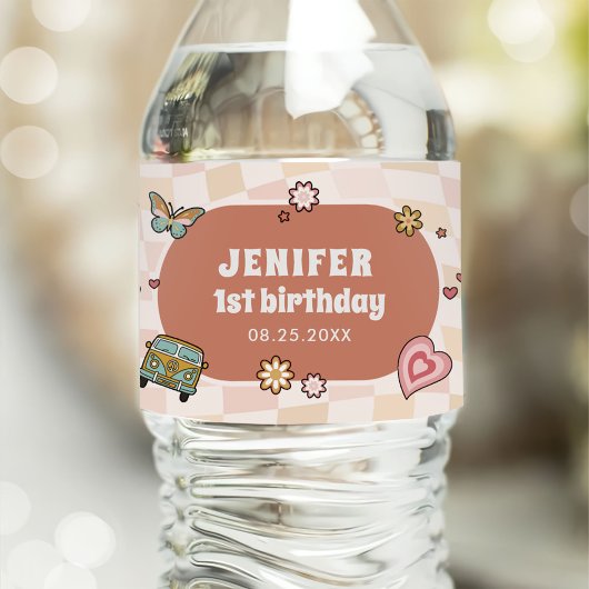 Groovy Daisy Retro 1e verjaardagsfeestje Waterfles Etiket