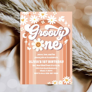 Groovy Daisy Retro 1e Verjaardagsuitnodiging Kaart