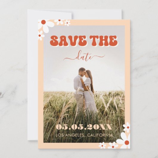 Groovy Daisy Retro Hippie 70s Zeventig huwelijk Save The Date (Voorkant)